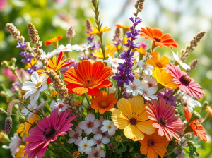 A vibrant bouquet of mixed flowers including orange, pink, white, and purple blooms, set against a soft blurred background of greenery.