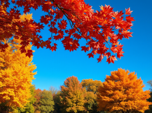 Vibrant autumn foliage with orange and red leaves against a clear blue sky.