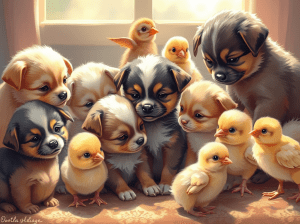 A group of cute puppies and fluffy chicks gathered together, sitting on a soft surface with sunlight coming through a nearby window.