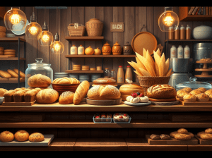 A cozy bakery display featuring an assortment of freshly baked breads, pastries, and desserts arranged on wooden shelves and tables, illuminated by warm hanging lights.