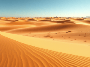 A vast desert landscape with rolling sand dunes under a clear blue sky.