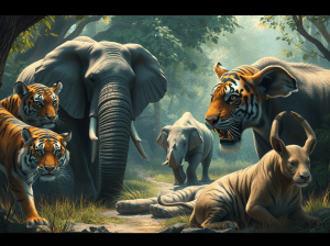 A vibrant jungle scene featuring a group of animals, including two tigers, an elephant, a young elephant, and a deer, surrounded by lush greenery and soft light.