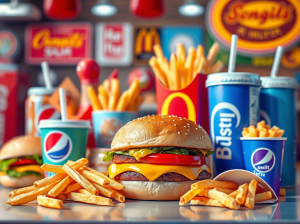 A colorful fast food scene featuring a cheeseburger with lettuce, tomato, and cheese, surrounded by French fries, soft drink cups, and various fast food items in the background.