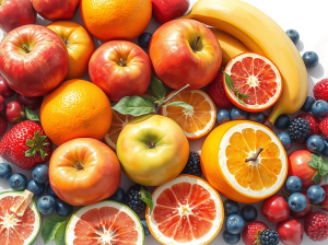 A variety of fresh fruits including apples, oranges, bananas, strawberries, blueberries, and blackberries arranged on a white surface.