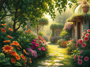 A picturesque garden pathway surrounded by vibrant flowers and lush greenery, leading to charming garden cottages bathed in soft sunlight.