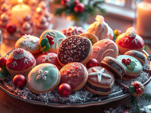 A festive assortment of decorated Christmas cookies on a platter, featuring various shapes and colors, with holiday-themed designs and ornaments.