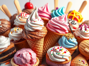 A colorful display of various ice cream cones and cups, featuring swirls of soft serve and scoops of ice cream topped with sprinkles and cherries.