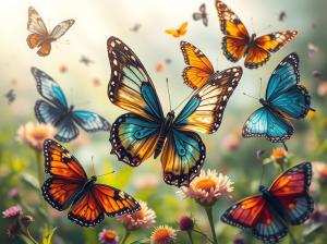 A vibrant assortment of butterflies in various colors and patterns fluttering above a field of colorful flowers.