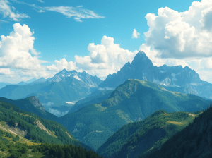 Scenic mountain landscape featuring lush green valleys and towering peaks under a bright blue sky with fluffy clouds.