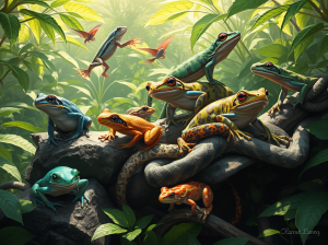 A vibrant jungle scene featuring various colorful frogs perched on a tree branch surrounded by lush green foliage.