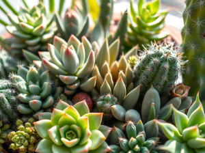 A vibrant arrangement of various succulent plants and cacti in different shapes and sizes.