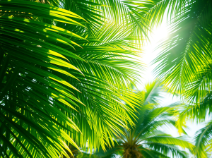 Sunlight filtering through lush green palm leaves, creating a vibrant tropical atmosphere.