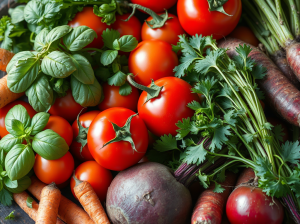 A colorful arrangement of fresh vegetables including red tomatoes, green basil, carrots, and radishes on a textured surface.