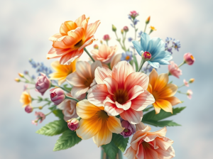 A vibrant bouquet of assorted flowers including pink, orange, and blue blooms against a soft, blurred background.